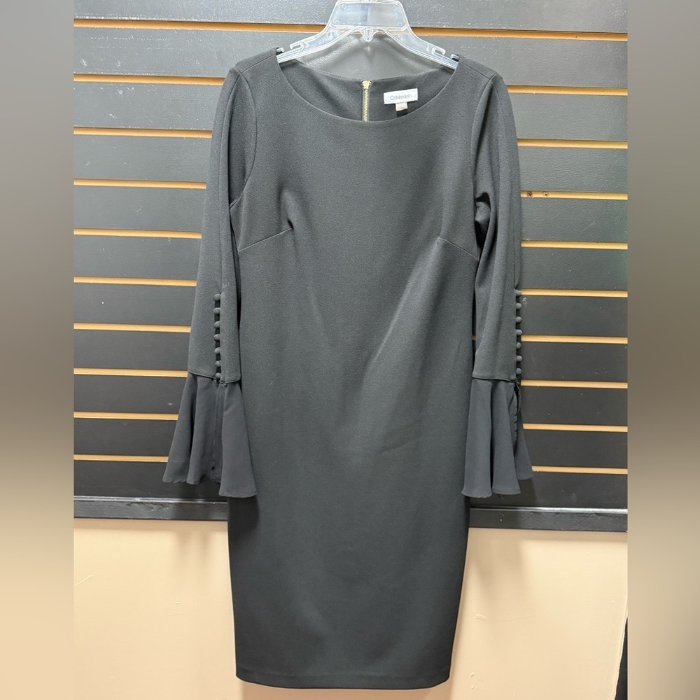 Calvin Klein Black Sheath Dress Gold Zipper Bell Sleeve Size 10